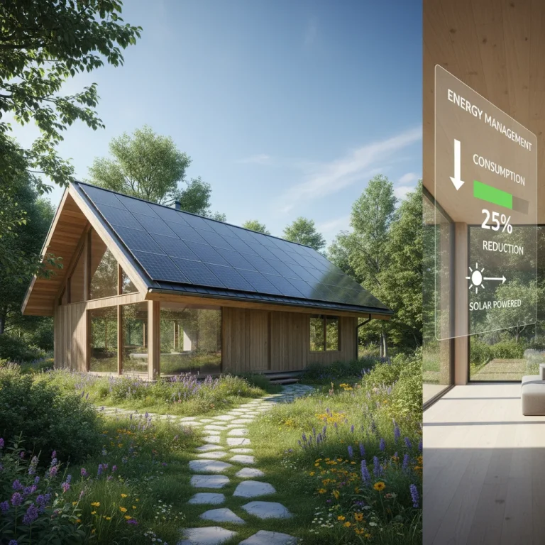 Hogar inteligente con paneles solares y monitor de energía, símbolo de eficiencia y sostenibilidad.