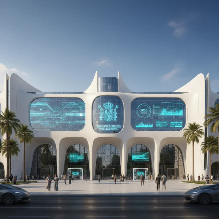 Integración de la Inteligencia Artificial en la administración pública española para 2026, con edificios modernos y tecnología digital.