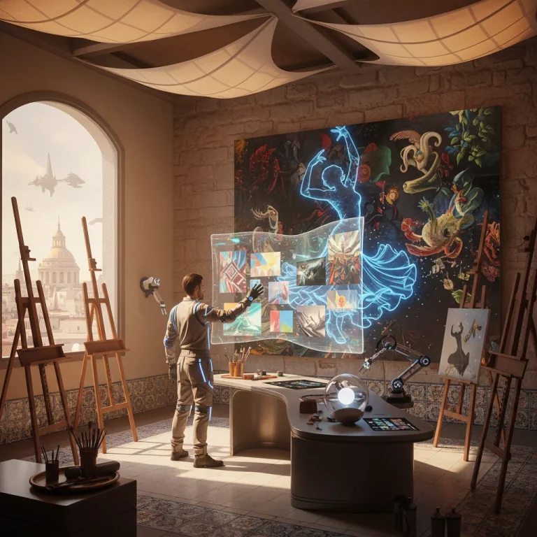 Artista español interactuando con inteligencia artificial creando arte digital en un estudio futurista.