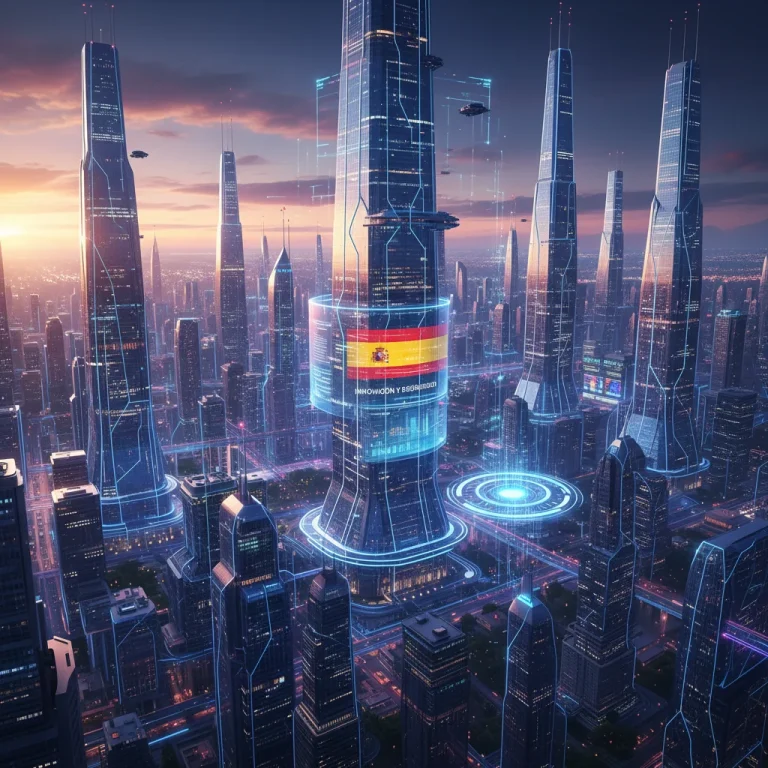 Paisaje urbano futurista con redes neuronales, simbolizando la IA generativa y el desarrollo de software en España.