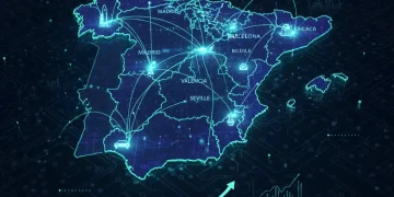 Mapa digital de España con redes neuronales, simbolizando la integración de la IA y el aumento de la productividad económica.