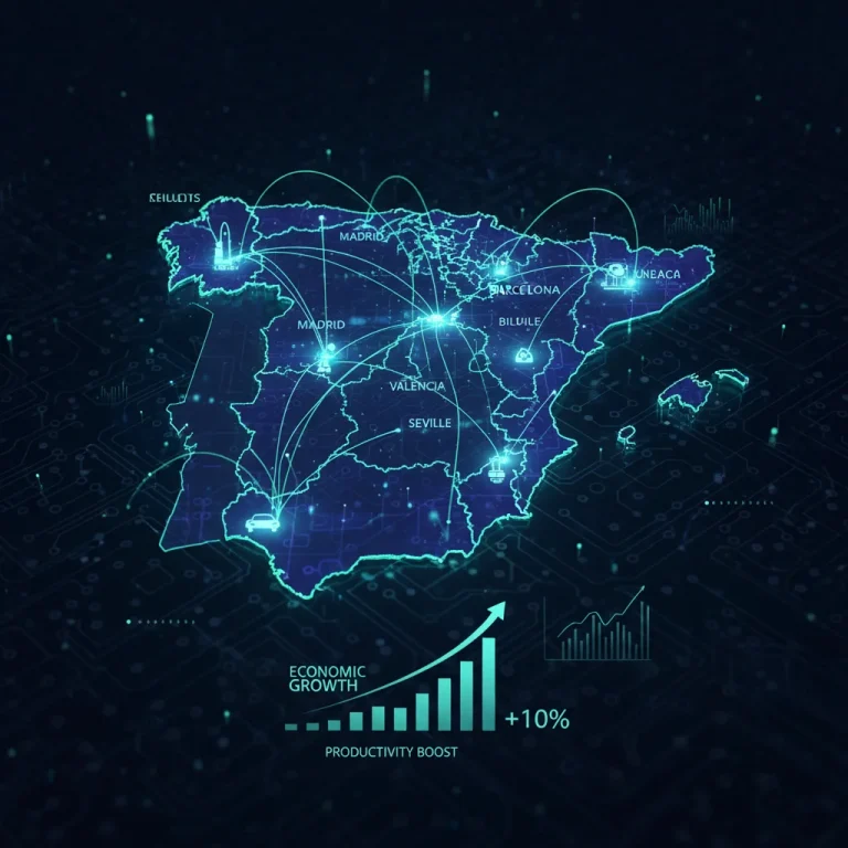 Mapa digital de España con redes neuronales, simbolizando la integración de la IA y el aumento de la productividad económica.