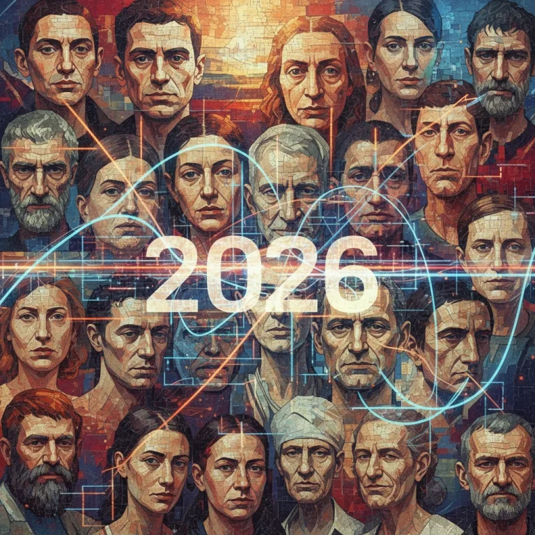 Mosaico de rostros españoles y flujos digitales, representando la identidad cultural y los medios de comunicación en 2026.
