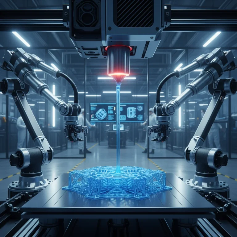 Impresora 3D industrial en funcionamiento, fabricando componentes de precisión.