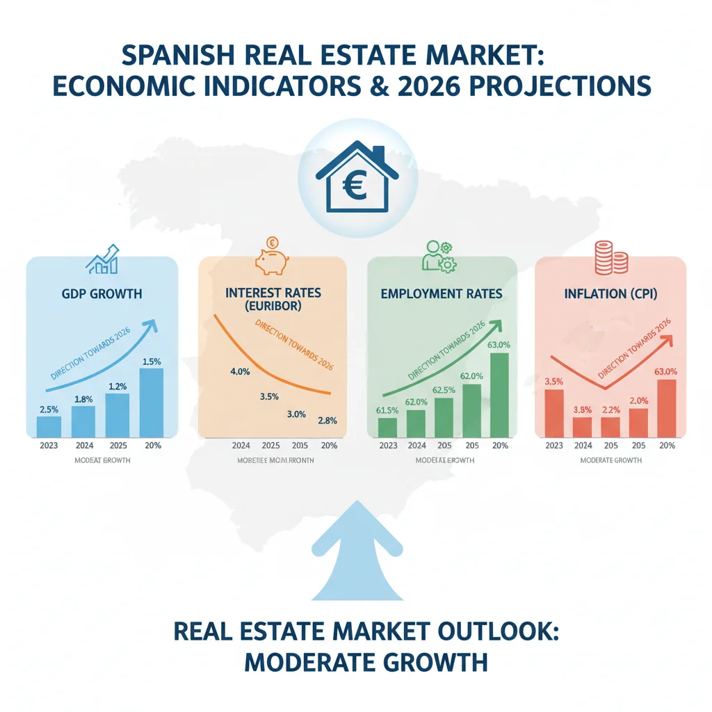 Gráfico de indicadores económicos clave que influyen en el sector inmobiliario español.