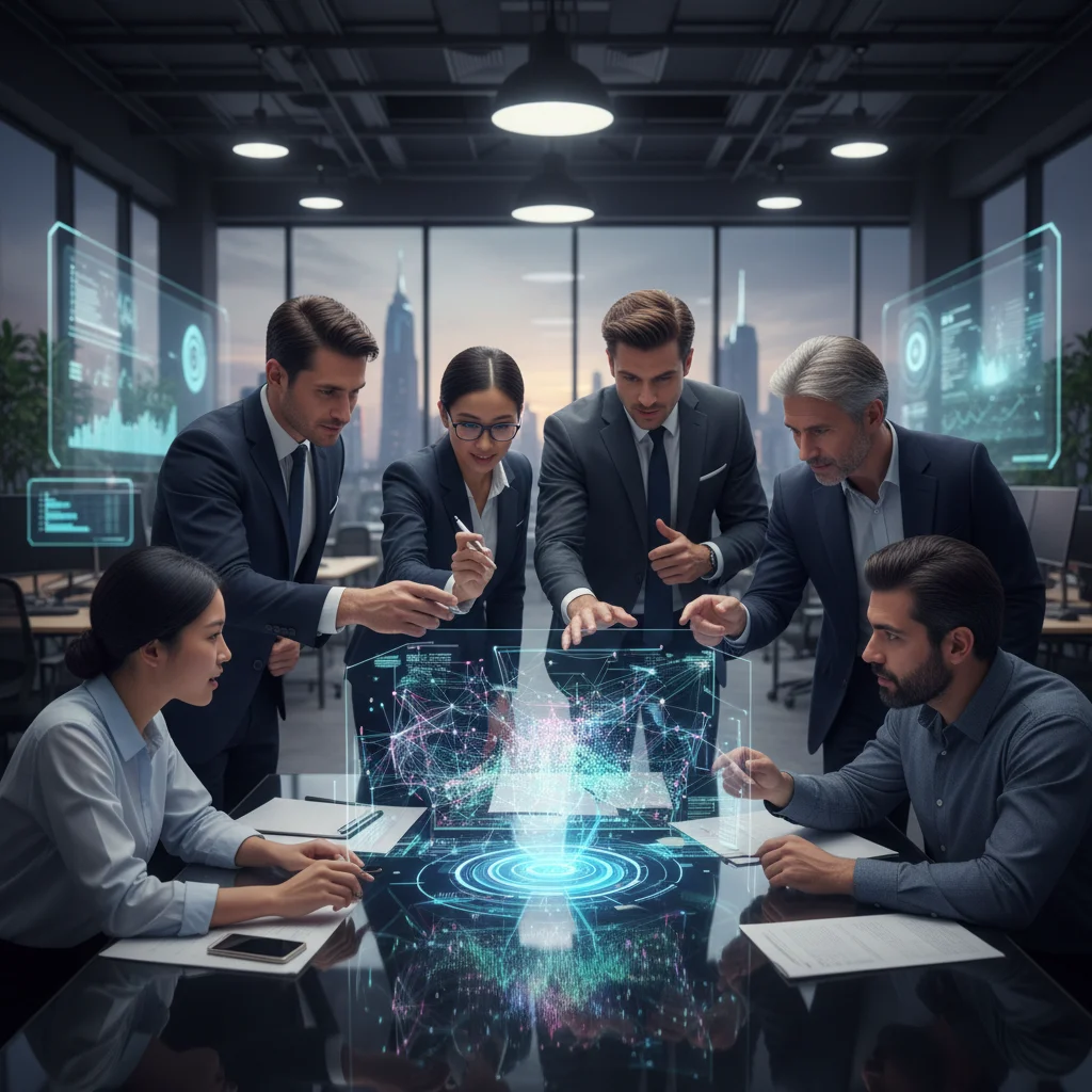 Profesionales colaborando en un proyecto de innovación tecnológica con proyecciones holográficas de datos.