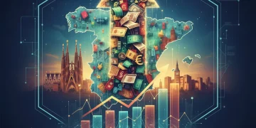 Gráfico de inversión extranjera en España con flechas ascendentes y el skyline de Madrid al fondo, representando el crecimiento económico y las expectativas para 2026.