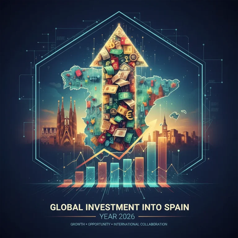 Gráfico de inversión extranjera en España con flechas ascendentes y el skyline de Madrid al fondo, representando el crecimiento económico y las expectativas para 2026.