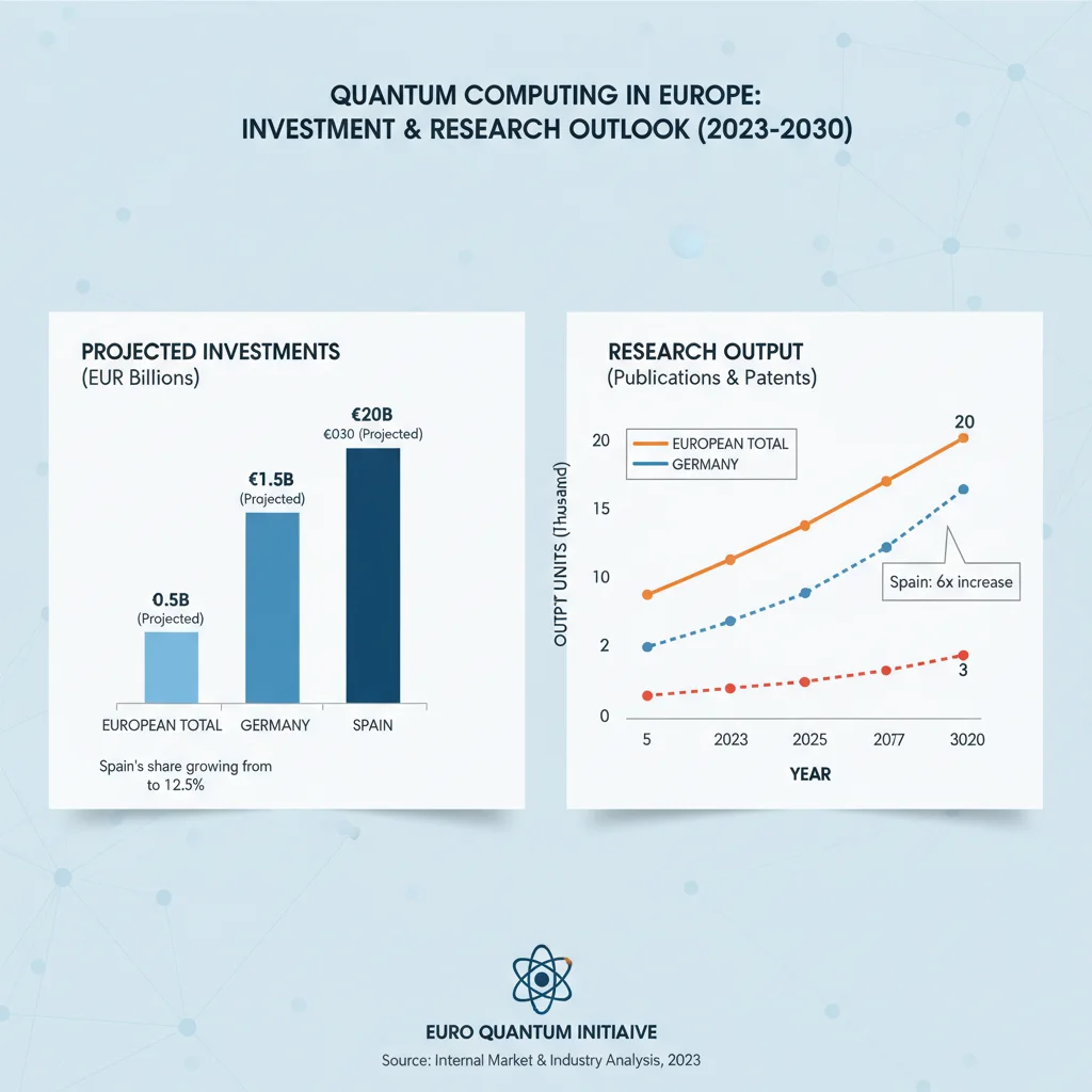 Gráfico que ilustra las inversiones proyectadas y el crecimiento de la investigación en computación cuántica en España y Europa.