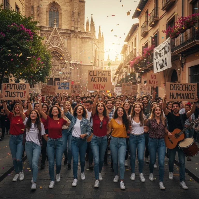 Jóvenes españoles participando activamente en un movimiento social o cultural, con pancartas y expresiones de compromiso.