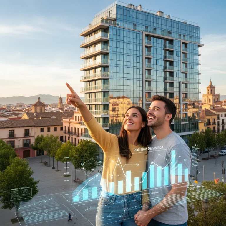 Jóvenes españoles esperanzados ante un edificio moderno, simbolizando el acceso a la vivienda con la nueva ley.
