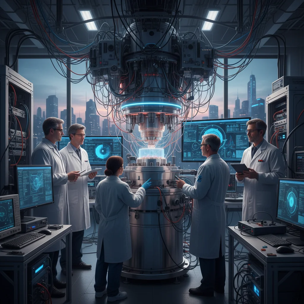 Científicos y técnicos colaborando en un laboratorio avanzado de computación cuántica, trabajando con equipos complejos.