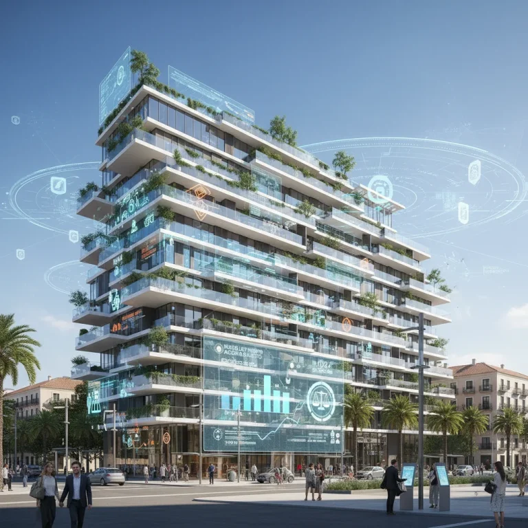 Edificio moderno en España con proyecciones digitales, simbolizando la nueva Ley de Vivienda 2026 y su impacto en el mercado de alquiler.