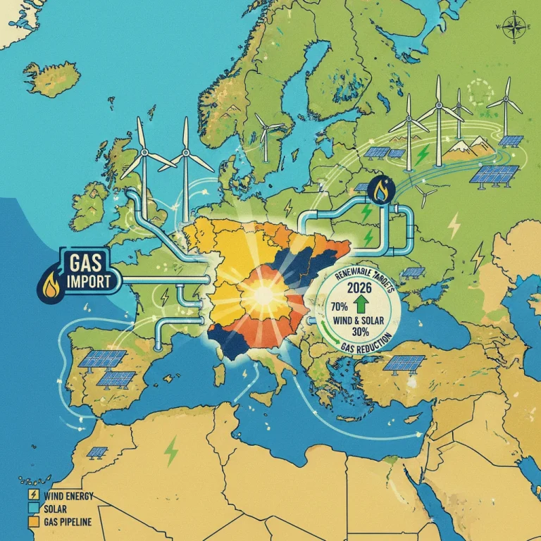 Mapa de Europa con España destacada, simbolizando la política energética, dependencia del gas y objetivos renovables para 2026.