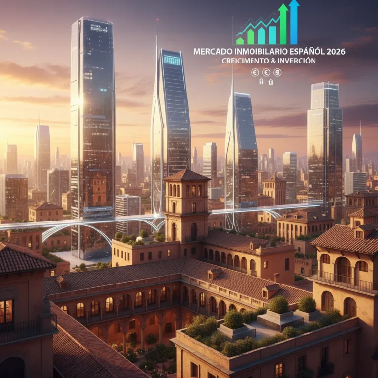 Panorama del mercado inmobiliario español en 2026 con edificios modernos y gráficos de crecimiento.