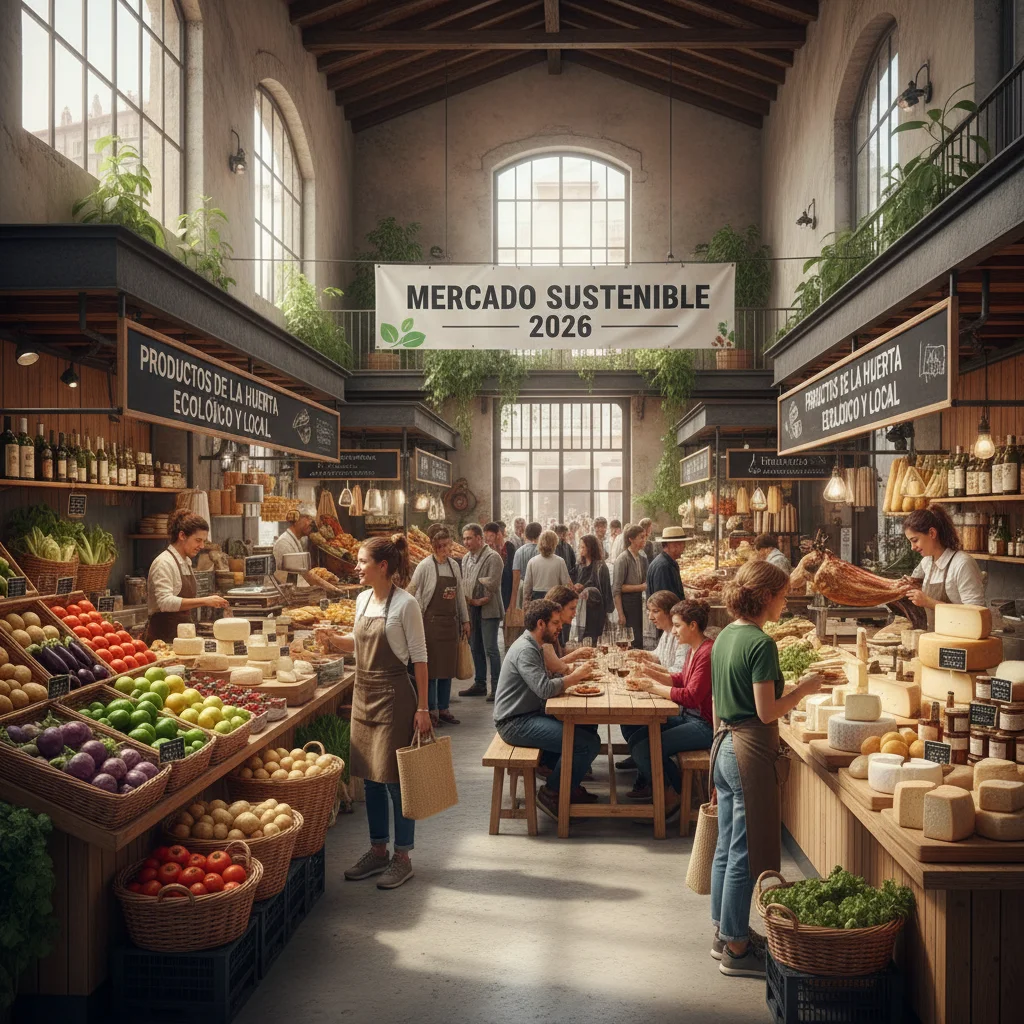 Mercado local español con productos sostenibles y de proximidad