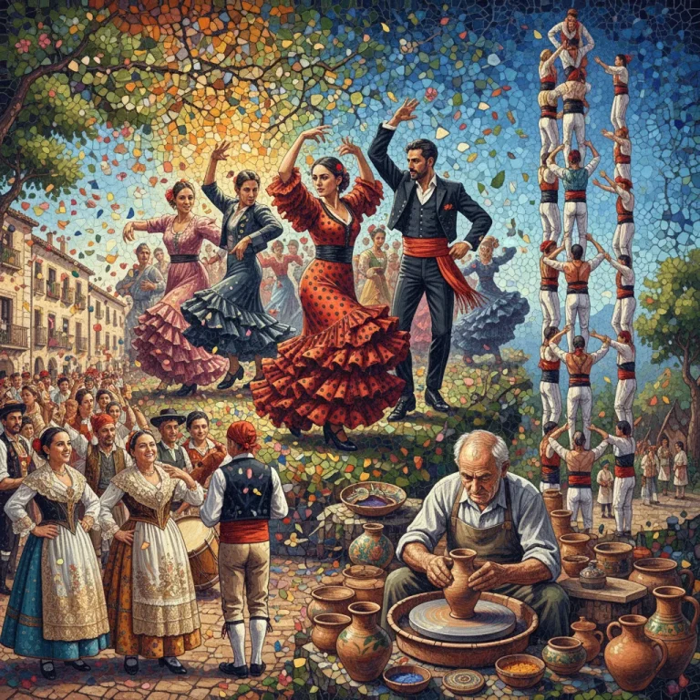 Mosaico vibrante de elementos del patrimonio inmaterial español, como flamenco, castellers y artesanía, simbolizando su riqueza y la necesidad de conservación.