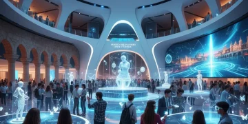 Jóvenes interactuando con tecnología avanzada en un museo moderno en España, simbolizando el futuro cultural.