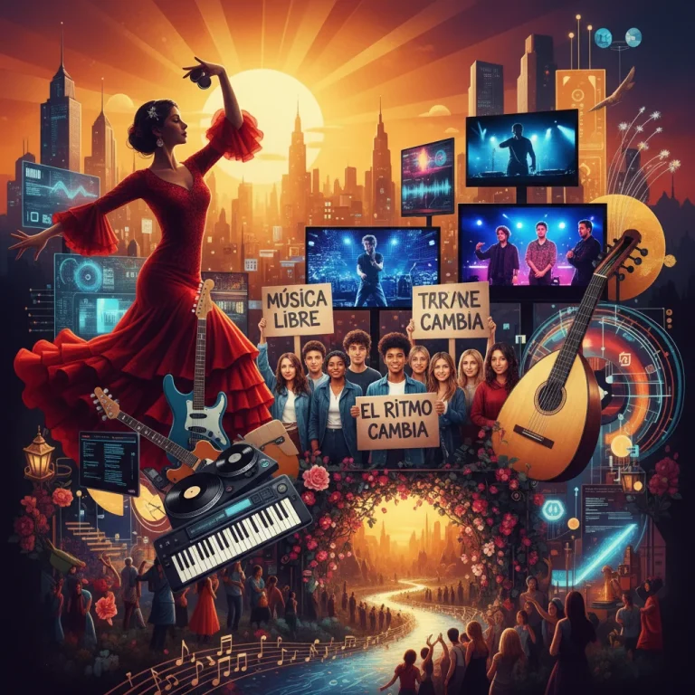 Mural vibrante que fusiona géneros musicales españoles con escenas de cambio social y tecnología, reflejando la evolución cultural en España.