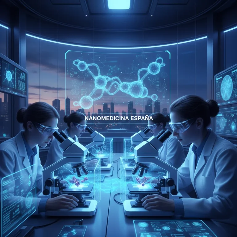 Científicos españoles investigando nanotecnología médica avanzada en un laboratorio futurista.