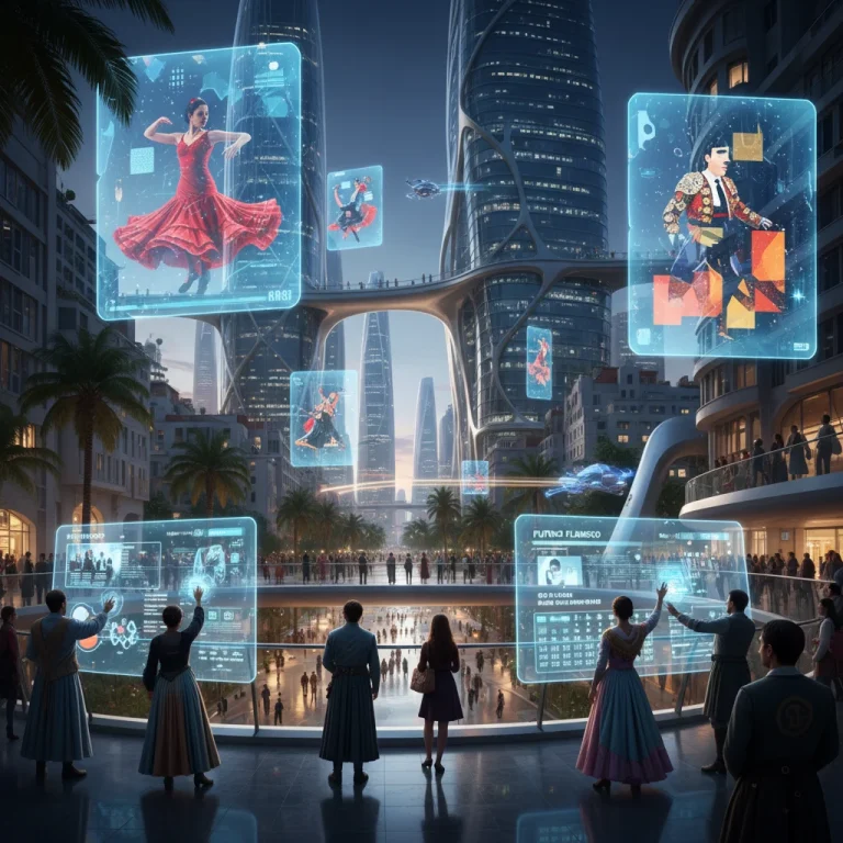 Paisaje urbano español futurista con proyecciones holográficas de eventos culturales, simbolizando el ocio cultural en España.