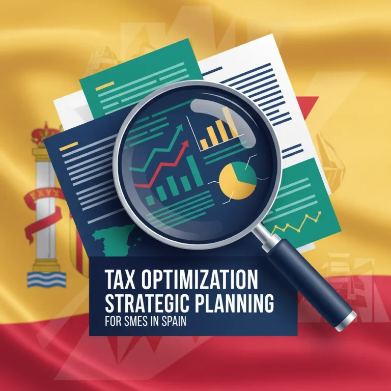 Gráfico de optimización fiscal para PYMES españolas con lupa y documentos financieros