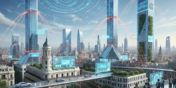 Paisaje urbano futurista español con torres 5G y redes de datos de alta velocidad, simbolizando la conectividad avanzada.