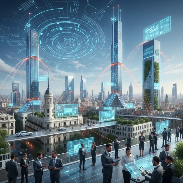 Paisaje urbano futurista español con torres 5G y redes de datos de alta velocidad, simbolizando la conectividad avanzada.
