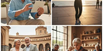 Personas mayores activas y modernas disfrutando de la vida en España, simbolizando la economía plateada.