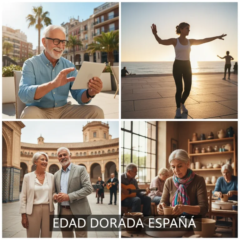 Personas mayores activas y modernas disfrutando de la vida en España, simbolizando la economía plateada.