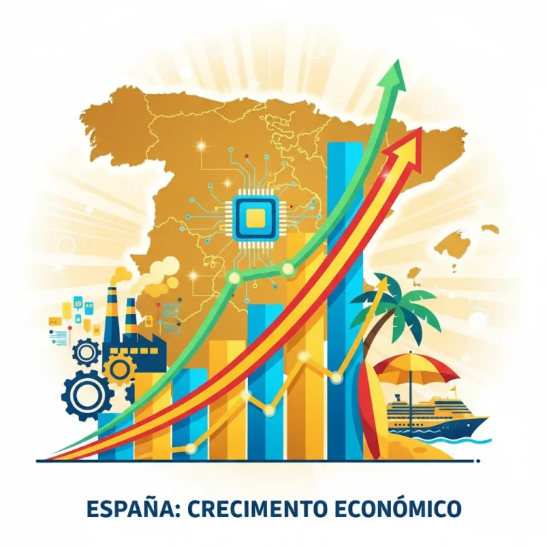 Gráfico ascendente representando el crecimiento del PIB español en 2026, con elementos que simbolizan la economía y la bandera de España.