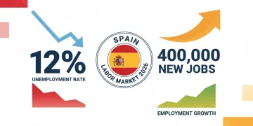 Gráfico de previsiones del mercado laboral español en 2026, mostrando la tasa de desempleo y la creación de empleo.
