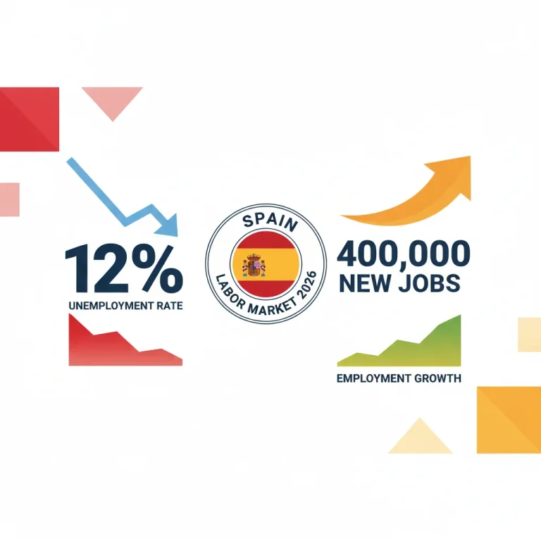 Gráfico de previsiones del mercado laboral español en 2026, mostrando la tasa de desempleo y la creación de empleo.