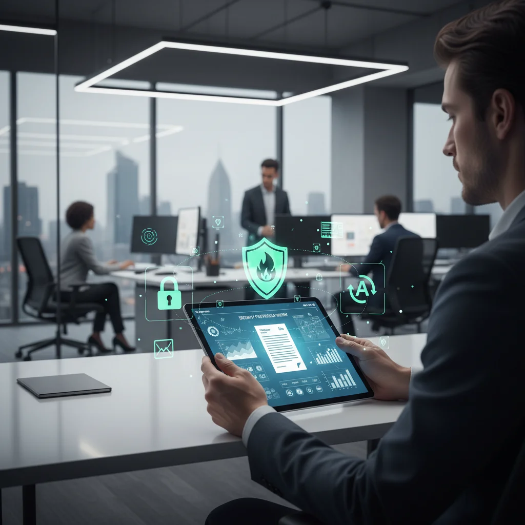 Persona revisando protocolos de seguridad en tablet, con iconos de protección, simbolizando defensa de datos.