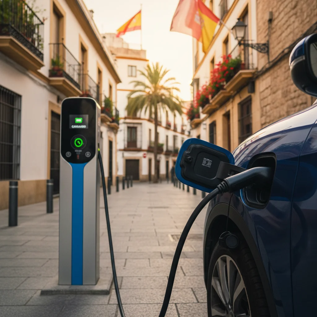 Punto de recarga para vehículos eléctricos en una ciudad española, destacando la infraestructura necesaria para la transición energética.