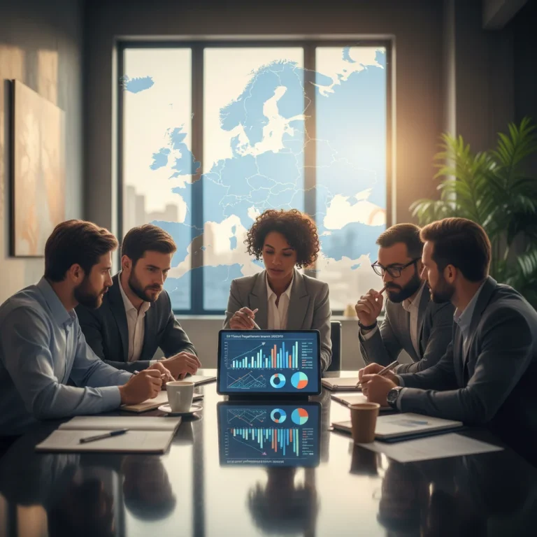 Profesionales de PYMES españolas analizando nuevas regulaciones fiscales de la UE para 2026 en una reunión de trabajo.