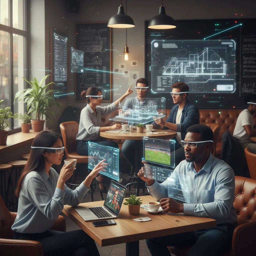 Personas en un café interactuando con realidad aumentada
