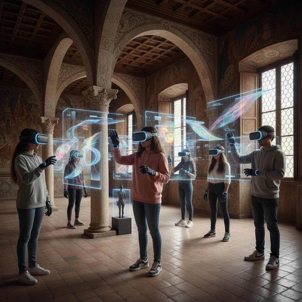 Jóvenes experimentando arte digital con realidad virtual en un museo español.