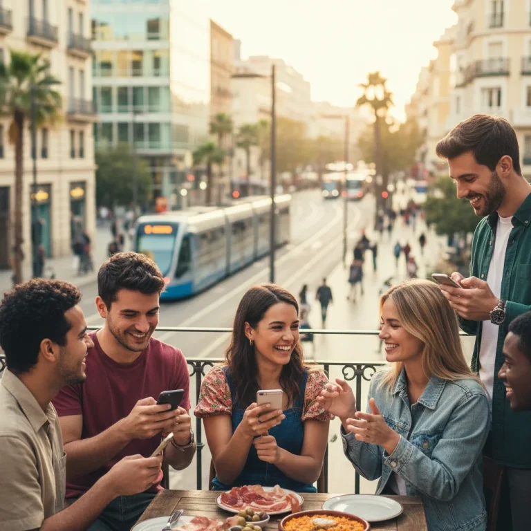 Jóvenes españoles interactuando en la era digital con sus teléfonos y entre sí en un entorno urbano.