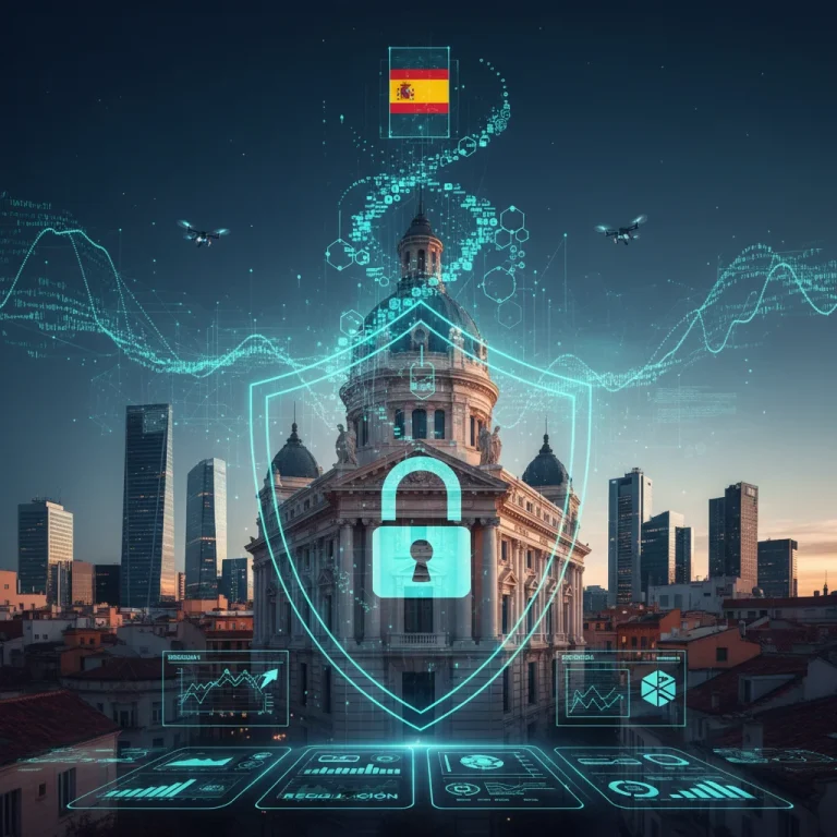 Panorama regulatorio financiero español, con símbolos de banca digital y seguridad