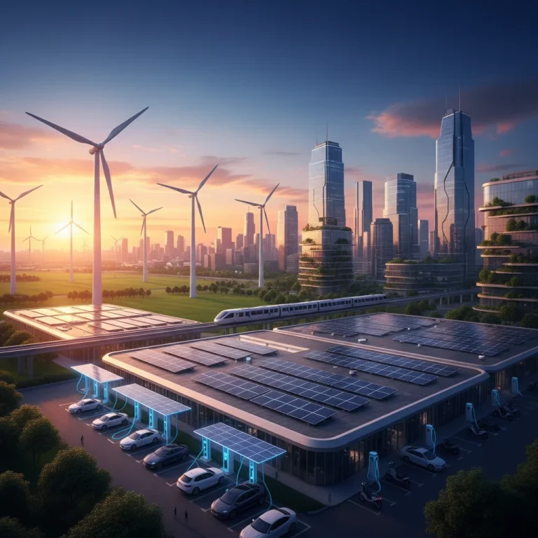 Panorama de la transición energética en España con paneles solares, aerogeneradores y vehículos eléctricos.