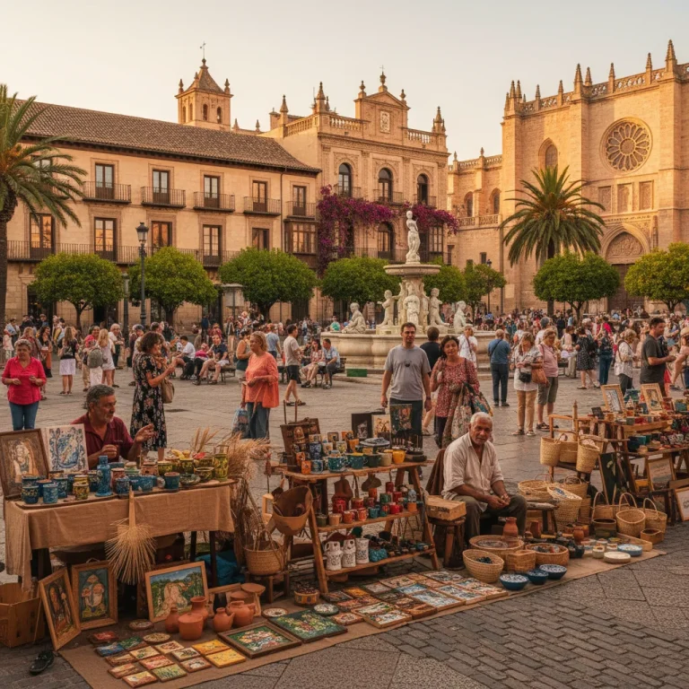 Plaza española con turistas y artesanos, simbolizando el turismo cultural en España.