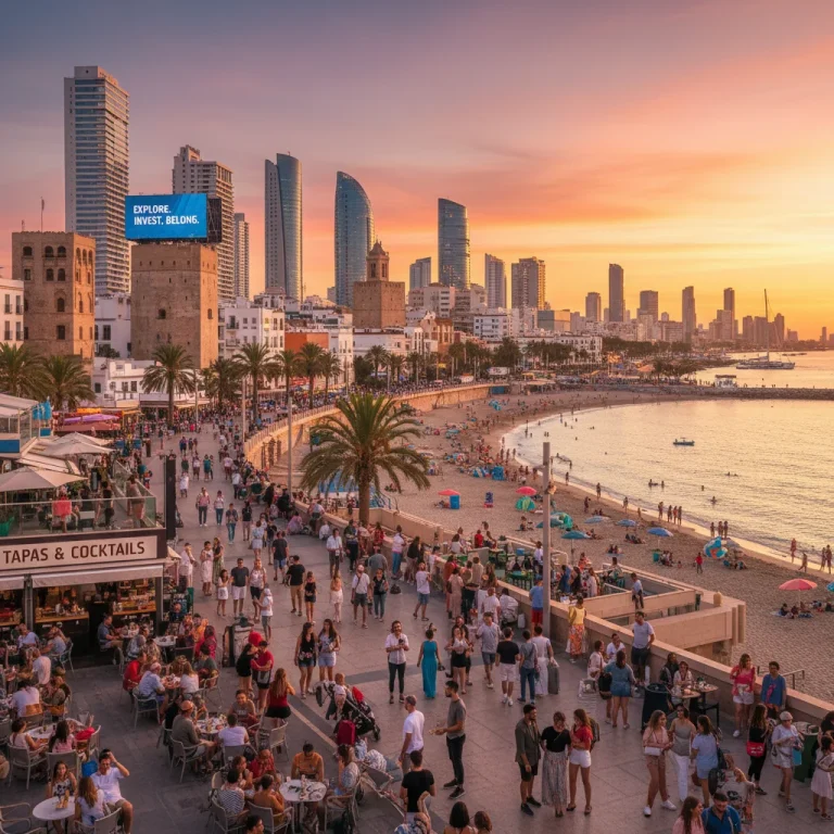 Paisaje costero español vibrante al atardecer, mostrando la vitalidad del turismo en 2026.