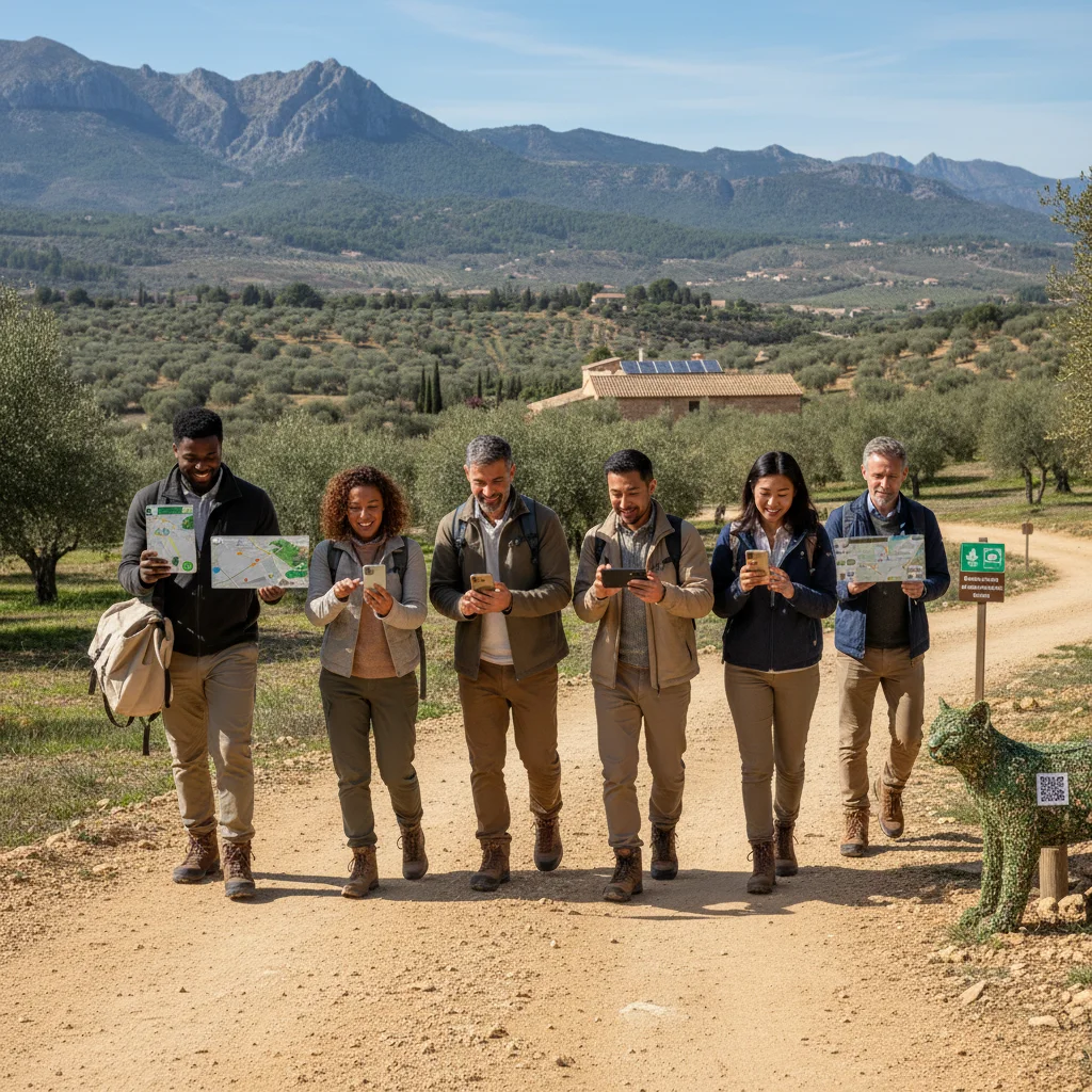Turistas utilizando tecnología móvil para explorar un destino de turismo sostenible en la España rural.