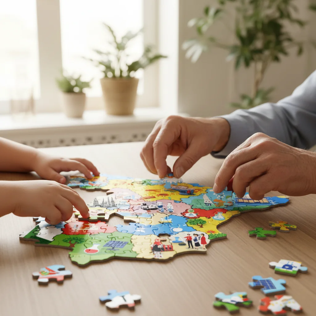 Manos de diferentes generaciones uniendo piezas de un rompecabezas formando el mapa de España, simbolizando la unidad y colaboración intergeneracional.