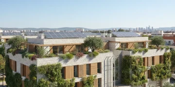Edificio residencial moderno y sostenible en España, reflejando el futuro de la vivienda.