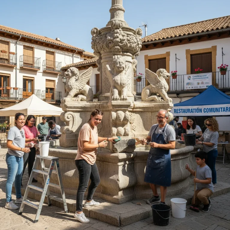 Voluntarios de diversas edades restaurando un monumento histórico en una plaza española, simbolizando el impacto del voluntariado cultural.