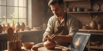 Artesano español trabajando en cerámica con herramientas tradicionales y tecnología moderna