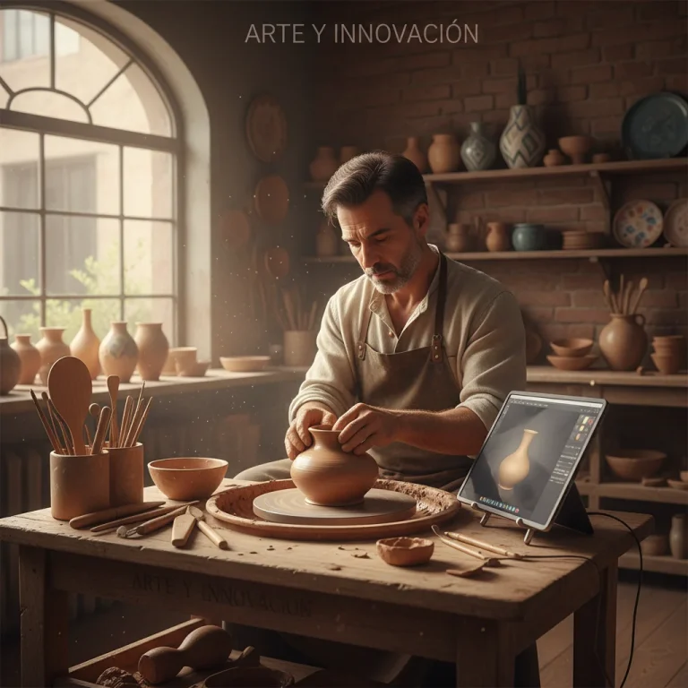 Artesano español trabajando en cerámica con herramientas tradicionales y tecnología moderna