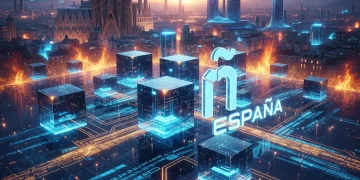 Blockchain en España 2026: Aplicaciones Empresariales Innovadoras Representación futurista de la tecnología blockchain en el entorno empresarial español.